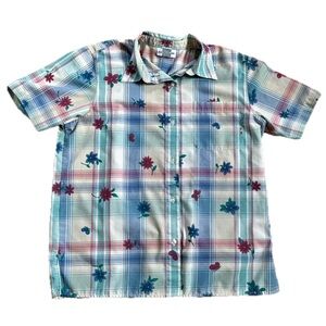 Vintage Alfred Dunner Pastel Plaid Floral Button Front Shirt Sz 12 Cottage Core